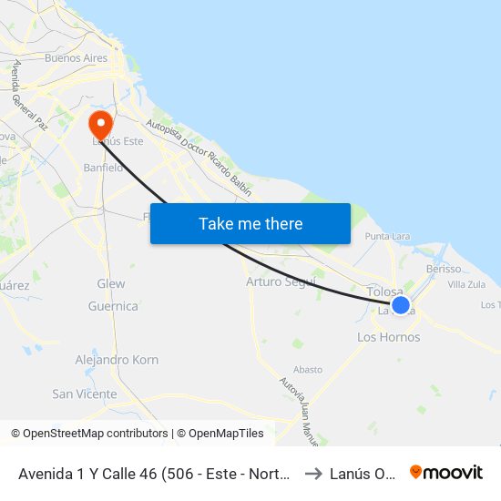 Avenida 1 Y Calle 46 (506 - Este - Norte - Oeste) to Lanús Oeste map