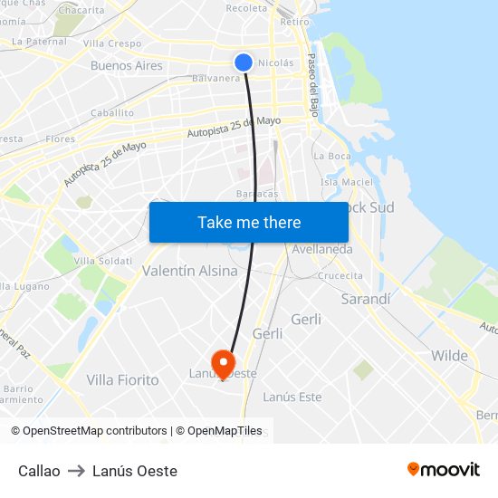 Callao to Lanús Oeste map