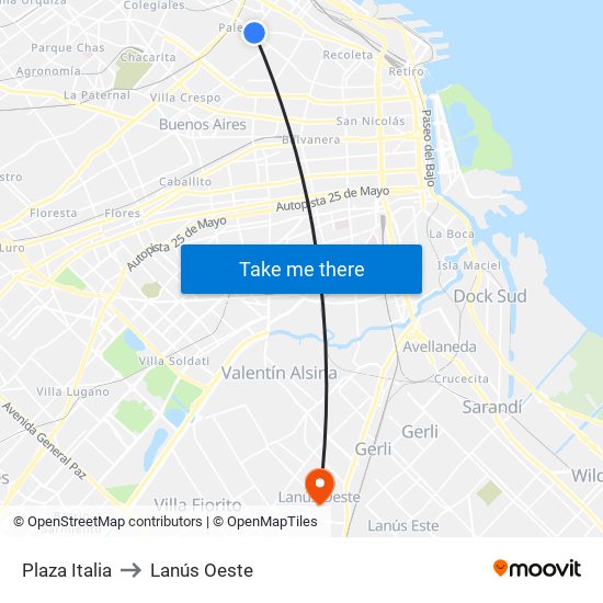 Plaza Italia to Lanús Oeste map