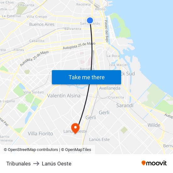 Tribunales to Lanús Oeste map