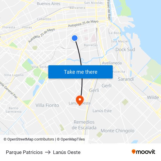 Parque Patricios to Lanús Oeste map