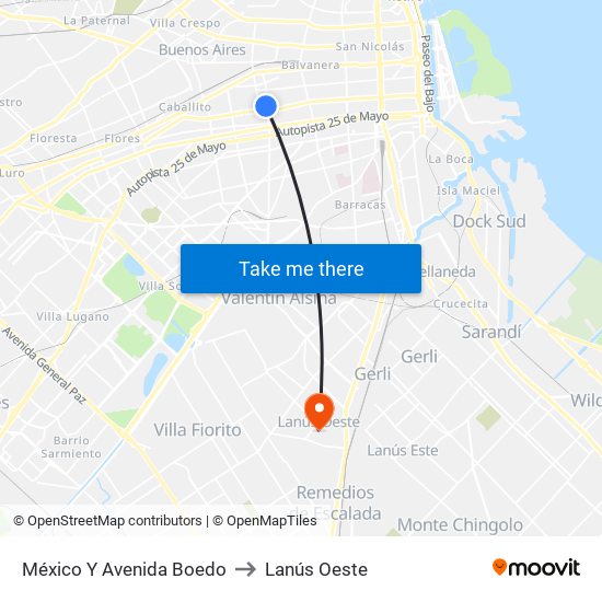 México Y Avenida Boedo to Lanús Oeste map