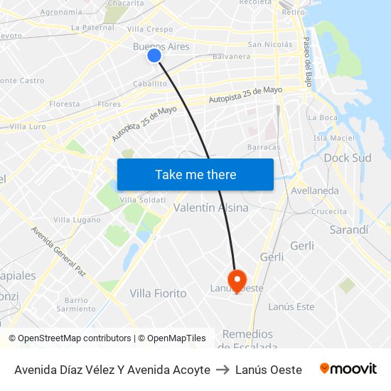 Avenida Díaz Vélez Y Avenida Acoyte to Lanús Oeste map