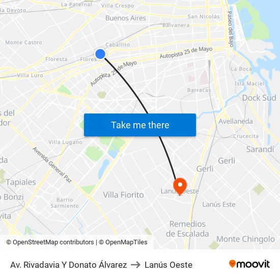 Av. Rivadavia Y Donato Álvarez to Lanús Oeste map