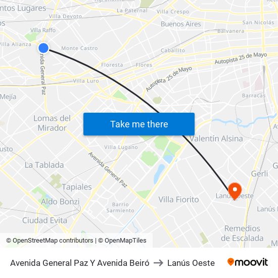 Avenida General Paz Y Avenida Beiró to Lanús Oeste map