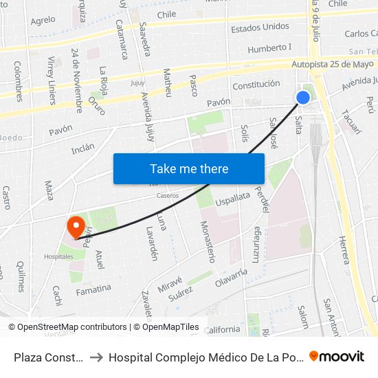 Plaza Constitución (53) to Hospital Complejo Médico De La Policía Federal Churruca - Visca map