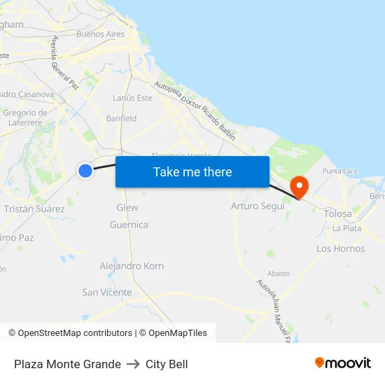 Plaza Monte Grande to City Bell map