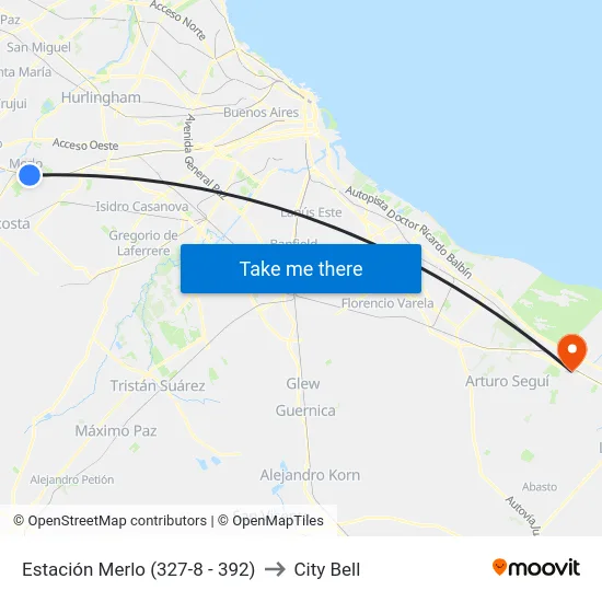 Estación Merlo (327-8 - 392) to City Bell map