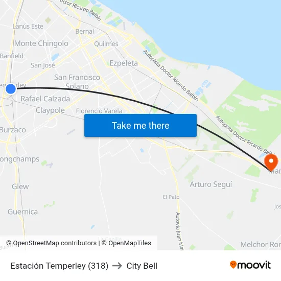 Estación Temperley (318) to City Bell map