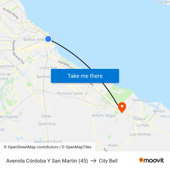 Avenida Córdoba Y San Martín (45) to City Bell map