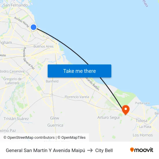 General San Martín Y Avenida Maipú to City Bell map