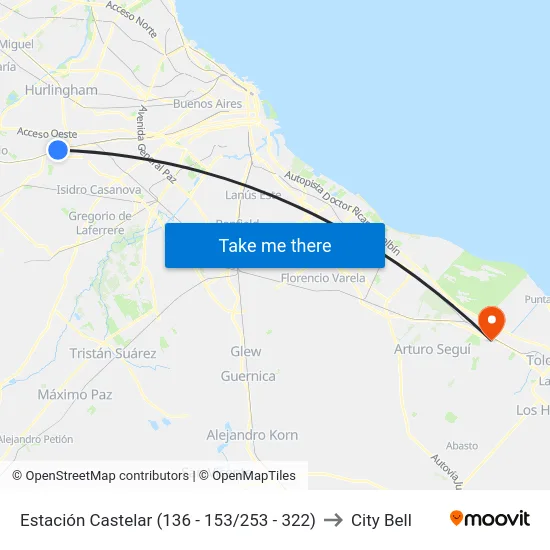 Estación Castelar (136 - 153/253 - 322) to City Bell map