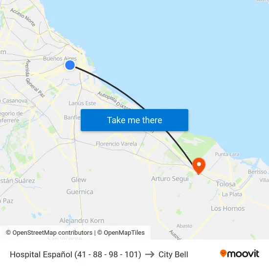Hospital Español (41 - 88 - 98 - 101) to City Bell map