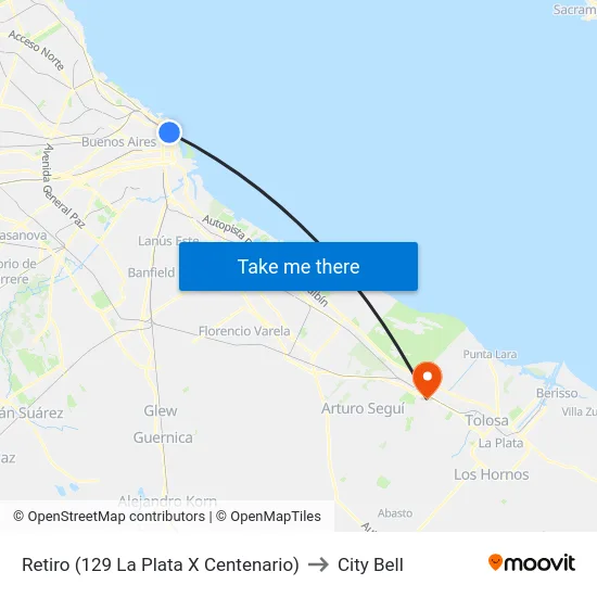 Retiro (129 La Plata X Centenario) to City Bell map