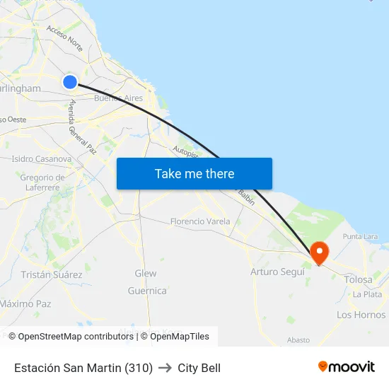 Estación San Martin (310) to City Bell map