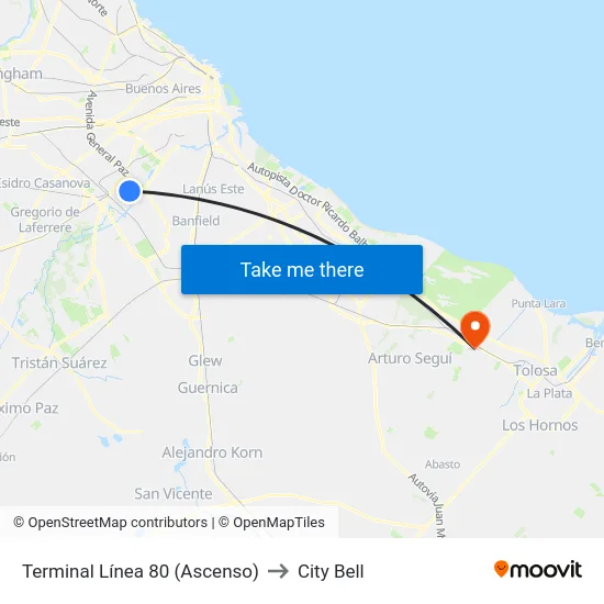 Terminal Línea 80 (Ascenso) to City Bell map