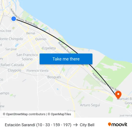 Estación Sarandí (10 - 33 - 159 - 197) to City Bell map