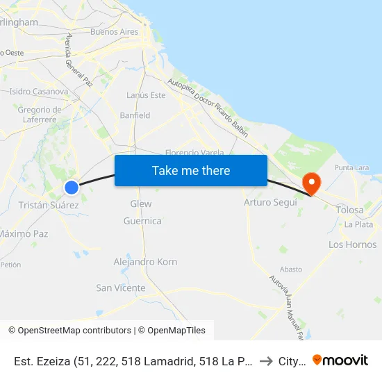 Estación Ezeiza (51, 222, 518 Lamadrid, 518 La Porteña, 518 Spegazzini) to City Bell map