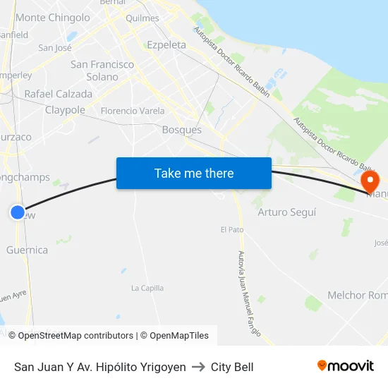 San Juan Y Av. Hipólito Yrigoyen to City Bell map