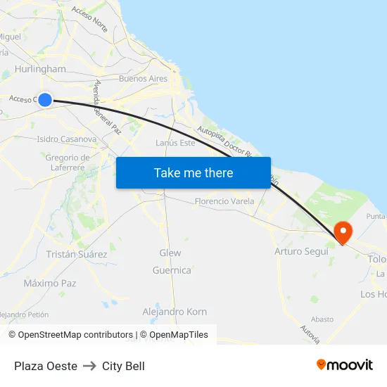 Plaza Oeste to City Bell map