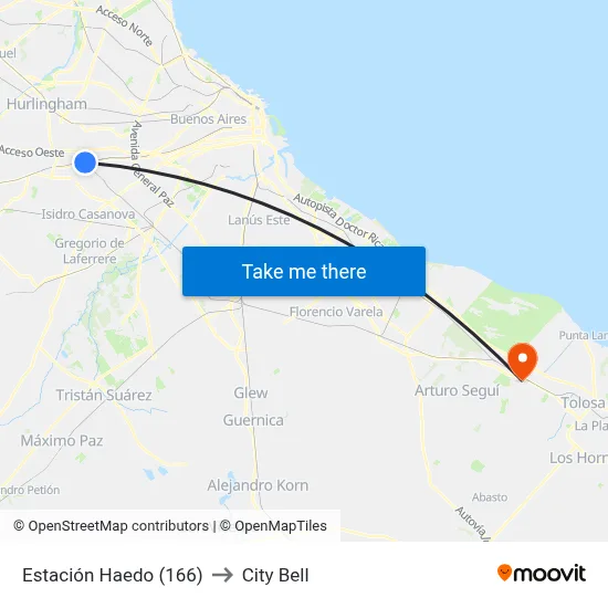 Estación Haedo (166) to City Bell map