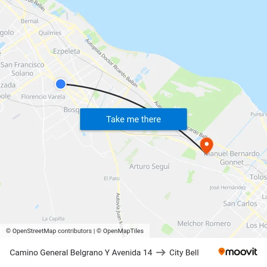 Camino General Belgrano Y Avenida 14 to City Bell map