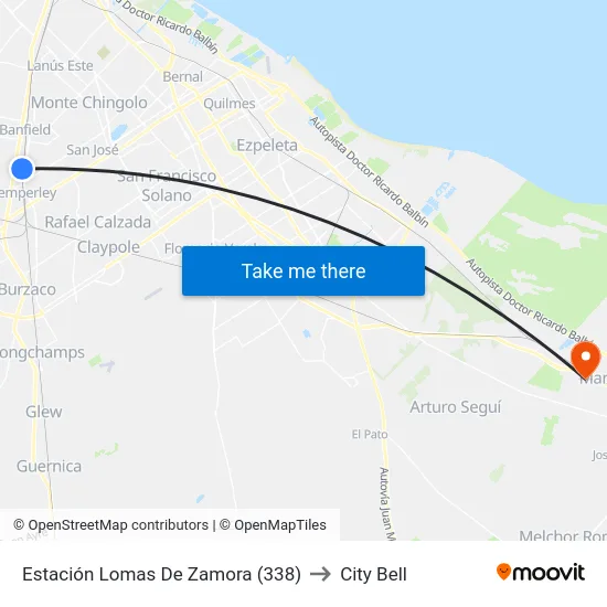 Estación Lomas De Zamora (338) to City Bell map
