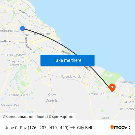 José C. Paz (176 - 237 - 410 - 429) to City Bell map