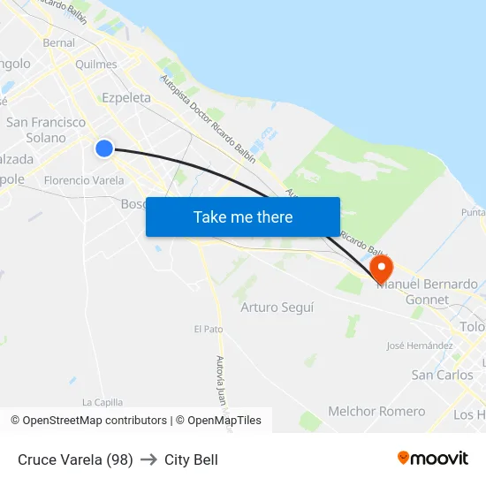 Cruce Varela (98) to City Bell map