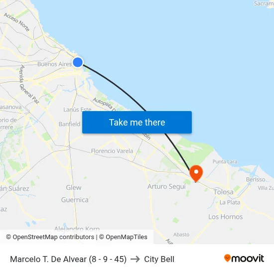Marcelo T. De Alvear (8 - 9 - 45) to City Bell map