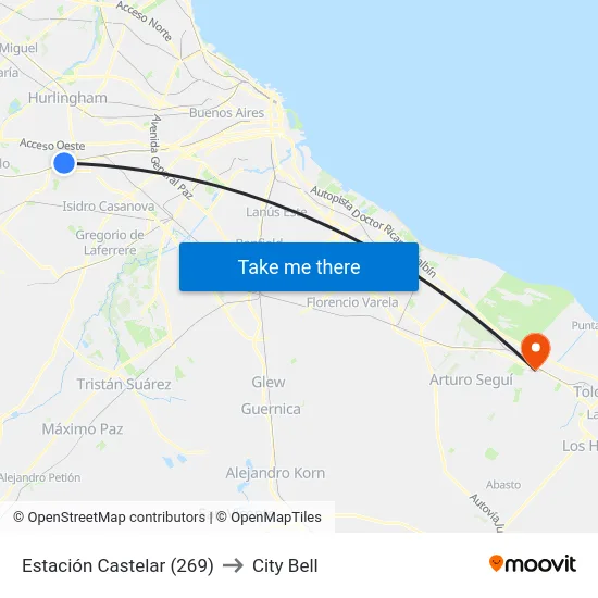 Estación Castelar (269) to City Bell map