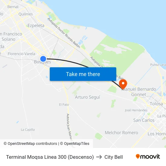 Terminal Moqsa Línea 300 (Descenso) to City Bell map