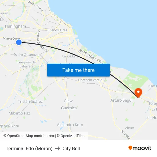 Terminal Edo (Morón) to City Bell map
