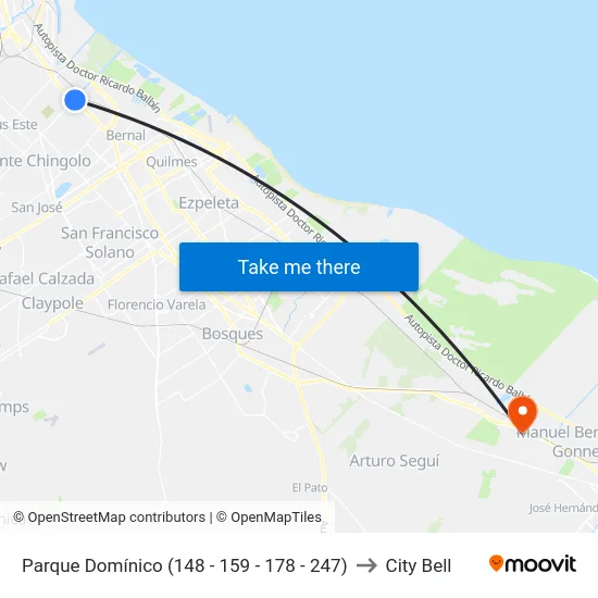 Parque Domínico (148 - 159 - 178 - 247) to City Bell map