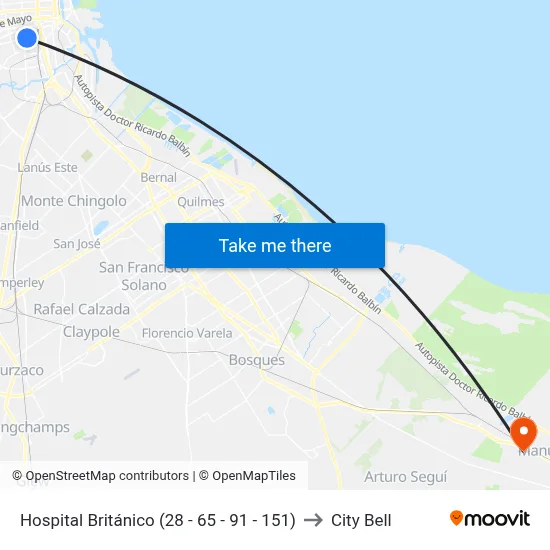Hospital Británico (28 - 65 - 91 - 151) to City Bell map