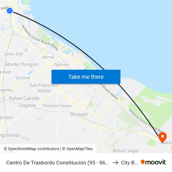 Centro De Trasbordo Constitución (95 - 96 - 151) to City Bell map