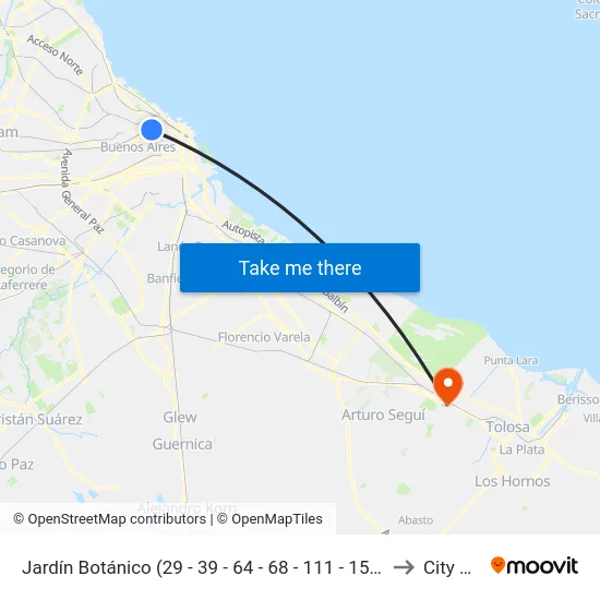 Jardín Botánico (29 - 39 - 64 - 68 - 111 - 152 - 194) to City Bell map