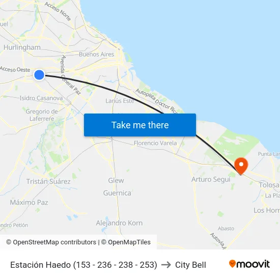 Estación Haedo (153 - 236 - 238 - 253) to City Bell map
