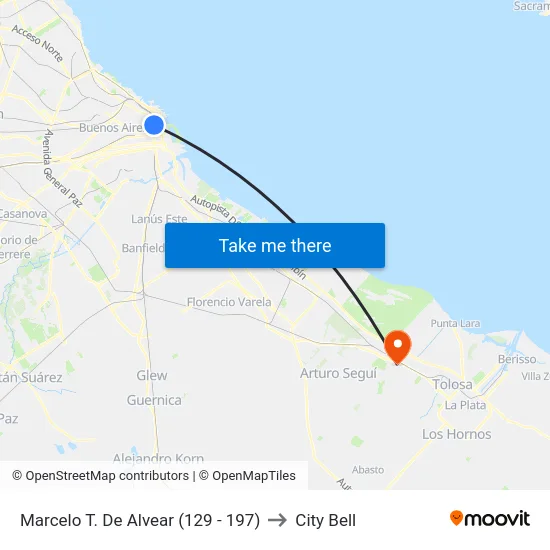 Marcelo T. De Alvear (129 - 197) to City Bell map