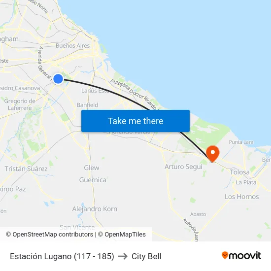 Estación Lugano (117 - 185) to City Bell map