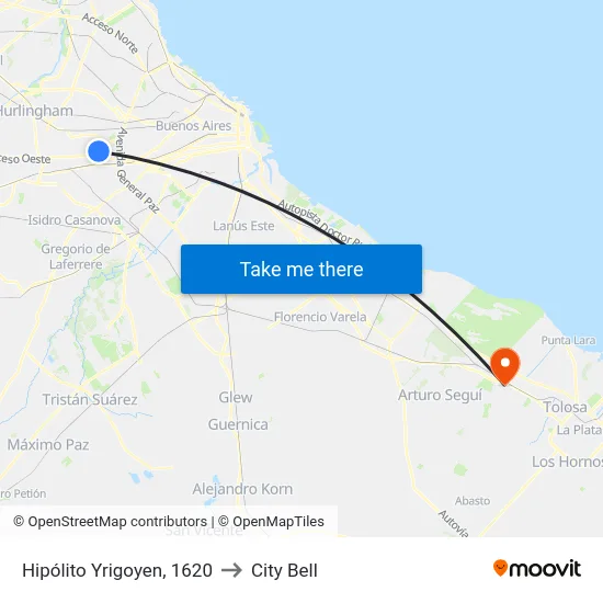 Hipólito Yrigoyen, 1620 to City Bell map