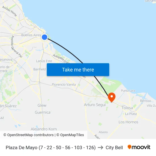 Plaza De Mayo (7 - 22 - 50 - 56 - 103 - 126) to City Bell map