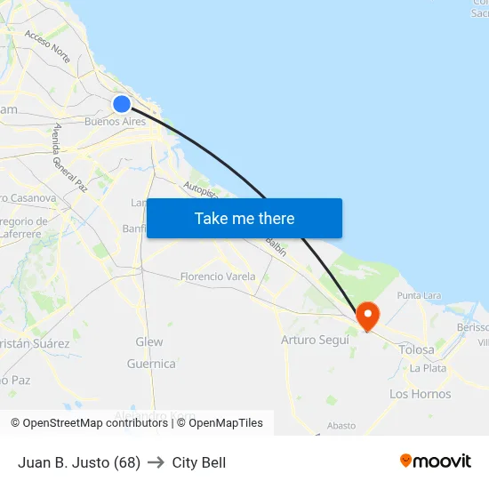 Juan B. Justo (68) to City Bell map