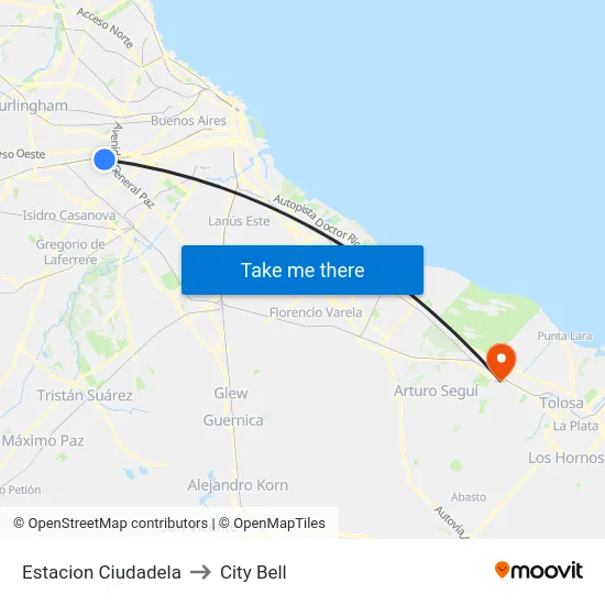 Estacion Ciudadela to City Bell map
