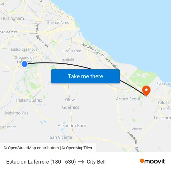 Estación Laferrere (180 - 630) to City Bell map