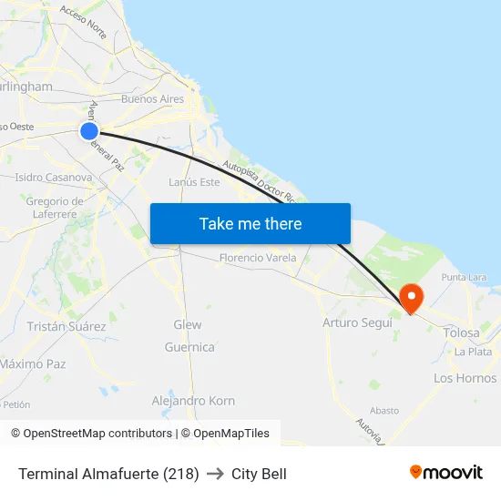 Terminal Almafuerte (218) to City Bell map