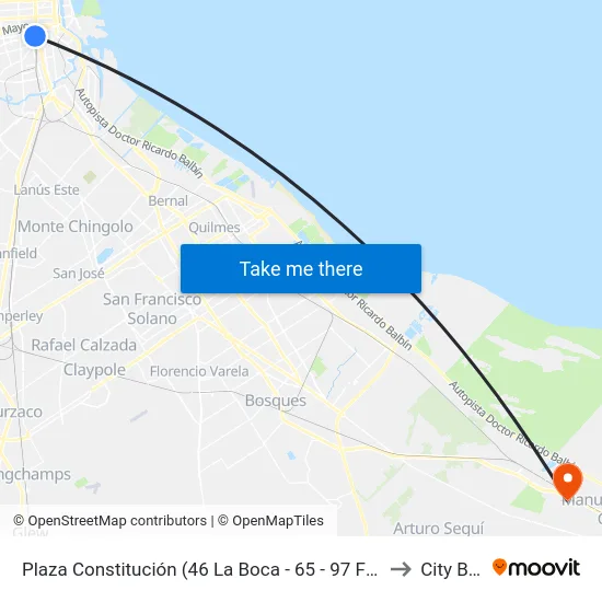 Plaza Constitución (46 La Boca - 65 - 97 Final) to City Bell map