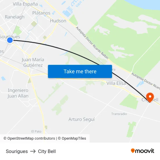 Sourigues to City Bell map