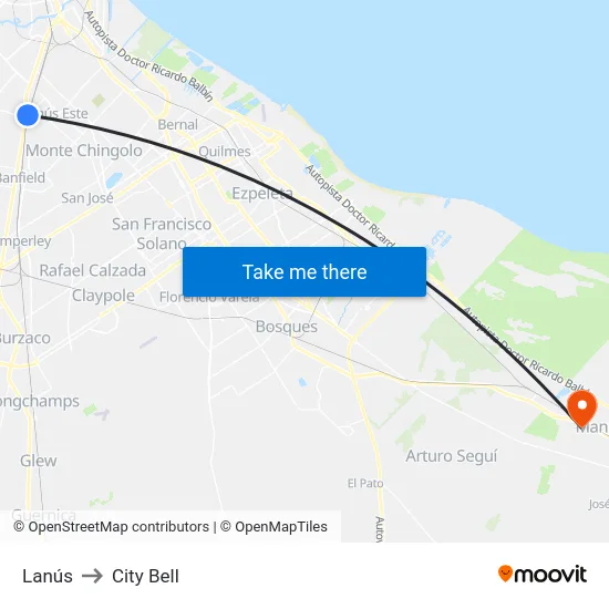 Lanús to City Bell map
