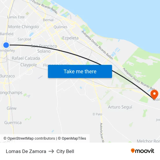 Lomas De Zamora to City Bell map